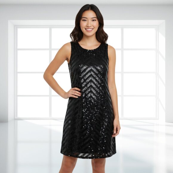 AGB Black Sequin Chevron Mini Dress Sleeveless Size 6 Party Cocktail Sparkle - Picture 1 of 15